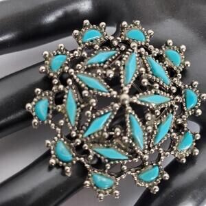 Vtg Layered Swirled SIlvertone Flower with Faux Turquoise Pin Brooch Jewelry